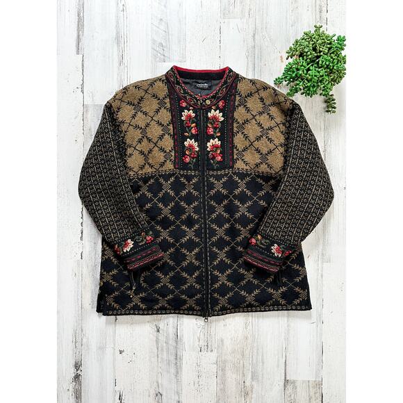 Icelandic Designs Brown Black Floral Embroidered Scandigirl Wool Knit Sweater - Picture 11 of 12